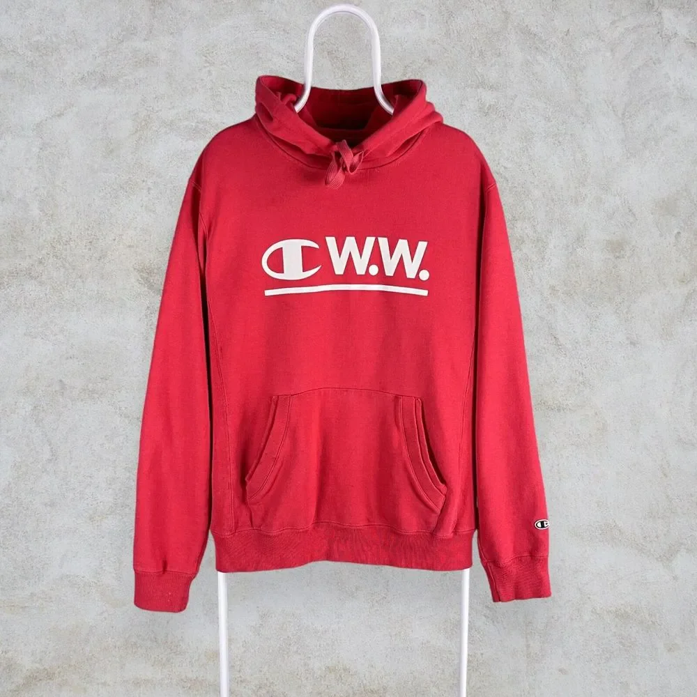 Champion by Wood Wood Hoodie Red Reverse Weave Heavyweight Mens Medium - Picture 1 of 5
